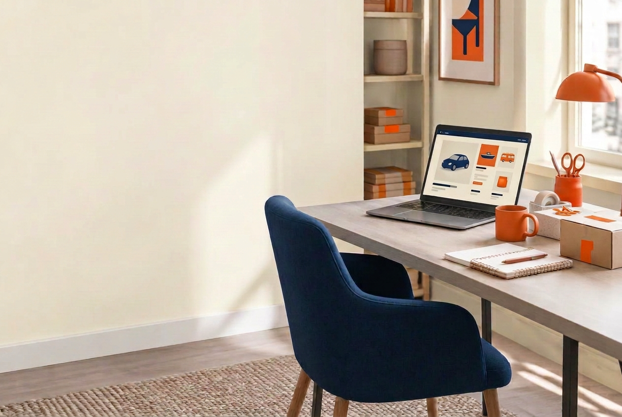 A sunlit seller’s workspace with a deep navy chair, orange desk accessories, and a laptop displaying product listings